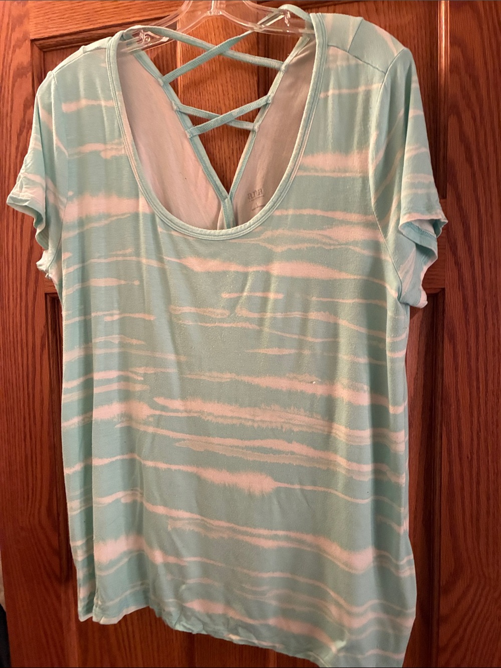 Ana Women's Mint Striped Crisscross Back Tee. Size L fits like a XL